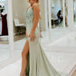 Beaded Lace Applique Mermaid Deep V Neck Spaghetti Strap High Slit Lace-up Back Floor Length Prom Gown