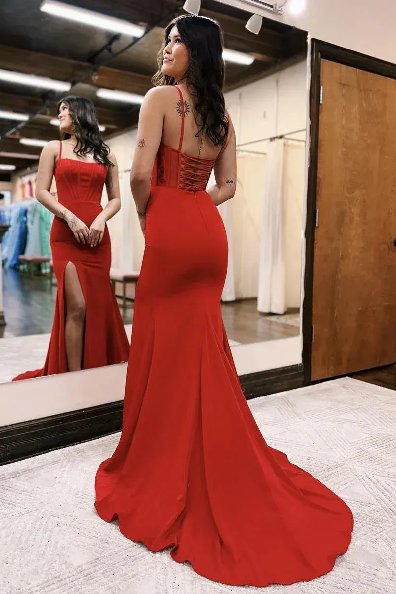 Boned Corset Mermaid Square Neck Spaghetti Strap High Slit Lace-up Back Floor Length Prom Evening Gown