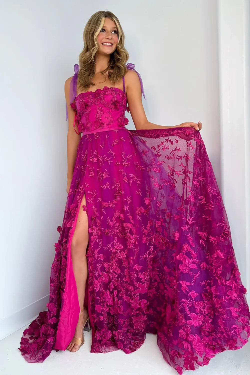 Bow Tie Shoulder Strap 3D Floral Lace Corset Lace-Up Back High Slit A-Line Sweep Train Prom Evening Gown