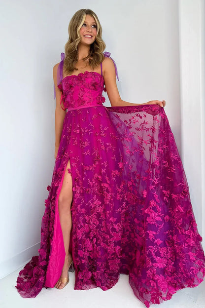 Bow Tie Shoulder Strap 3D Floral Lace Corset Lace-Up Back High Slit A-Line Sweep Train Prom Evening Gown