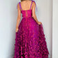 Bow Tie Shoulder Strap 3D Floral Lace Corset Lace-Up Back High Slit A-Line Sweep Train Prom Evening Gown