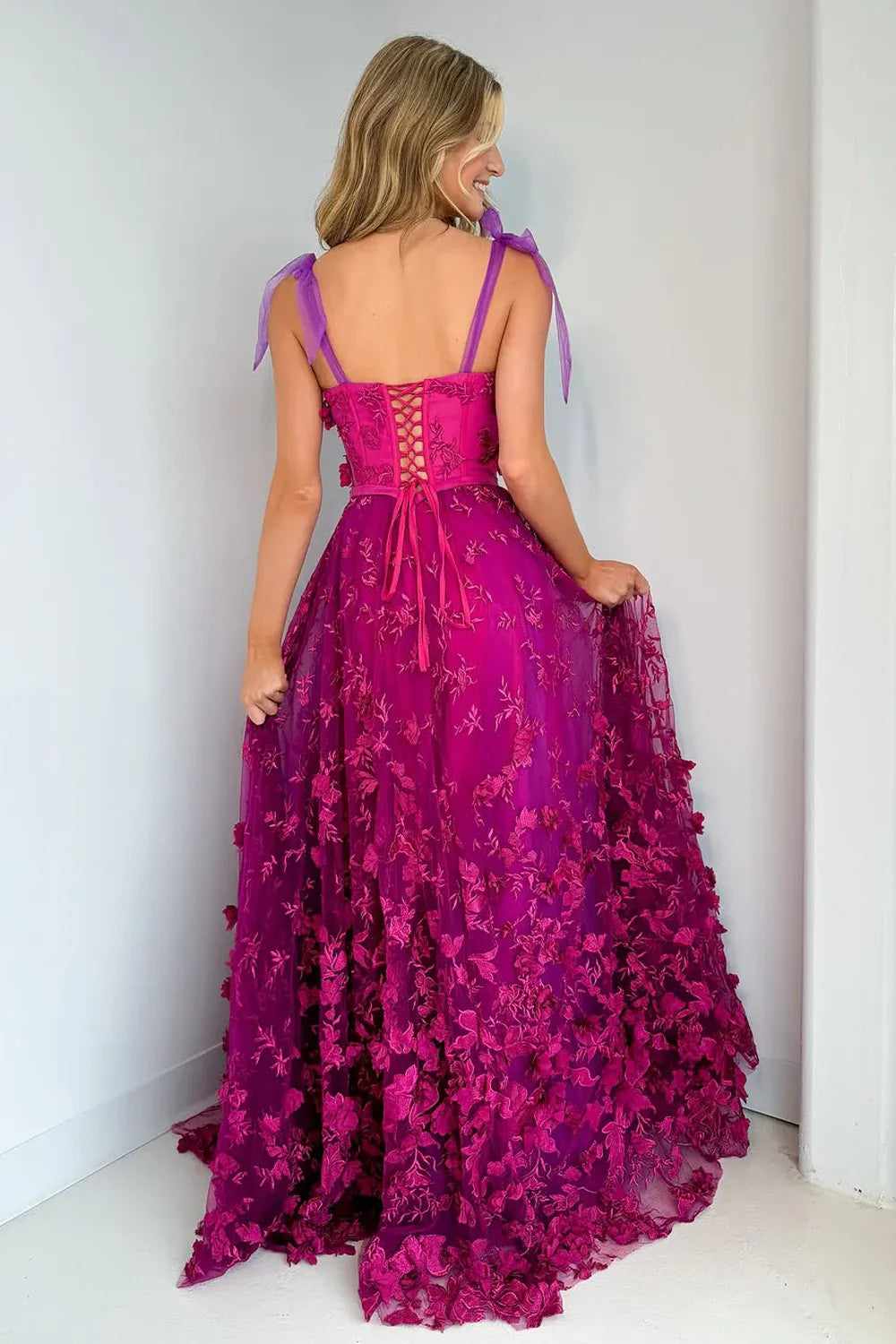 Bow Tie Shoulder Strap 3D Floral Lace Corset Lace-Up Back High Slit A-Line Sweep Train Prom Evening Gown
