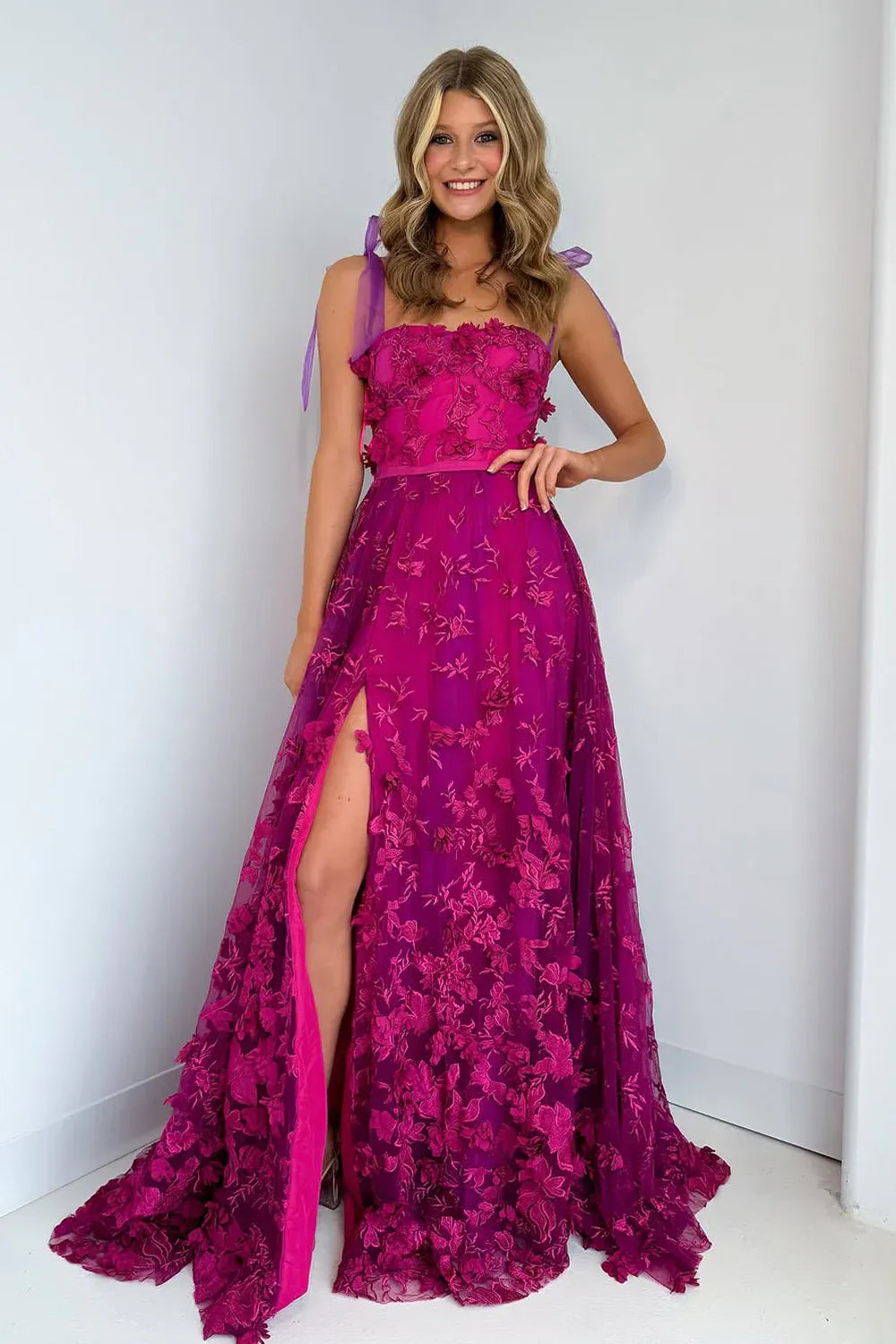 Bow Tie Shoulder Strap 3D Floral Lace Corset Lace-Up Back High Slit A-Line Sweep Train Prom Evening Gown
