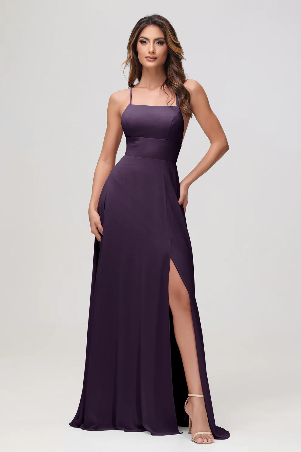 Charming A-Line Square Neck Sleeveless Chiffon Floor-Length Slit Bridesmaid Dress