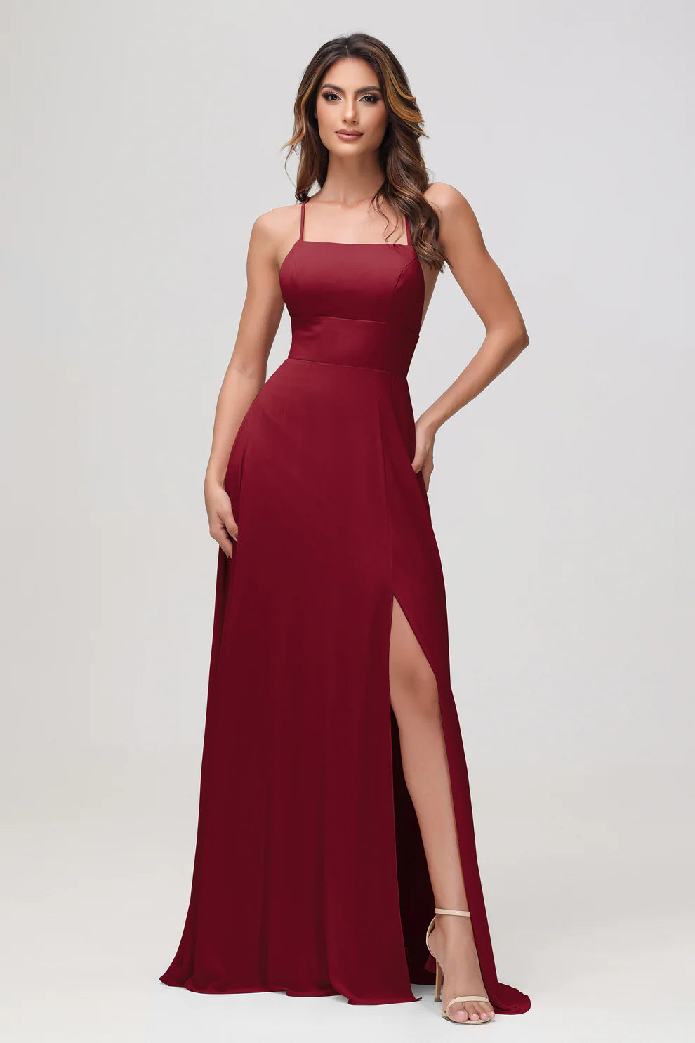 Charming A-Line Square Neck Sleeveless Chiffon Floor-Length Slit Bridesmaid Dress