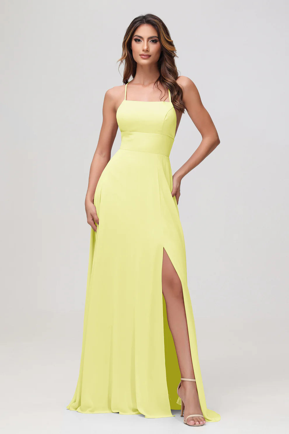 Charming A-Line Square Neck Sleeveless Chiffon Floor-Length Slit Bridesmaid Dress