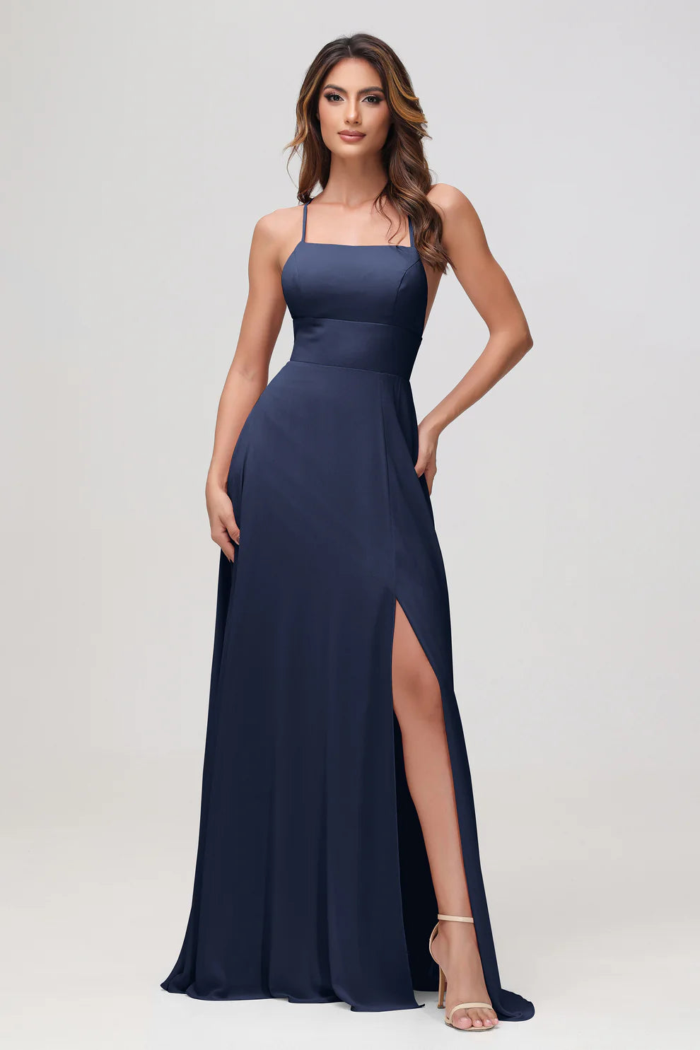 Charming A-Line Square Neck Sleeveless Chiffon Floor-Length Slit Bridesmaid Dress