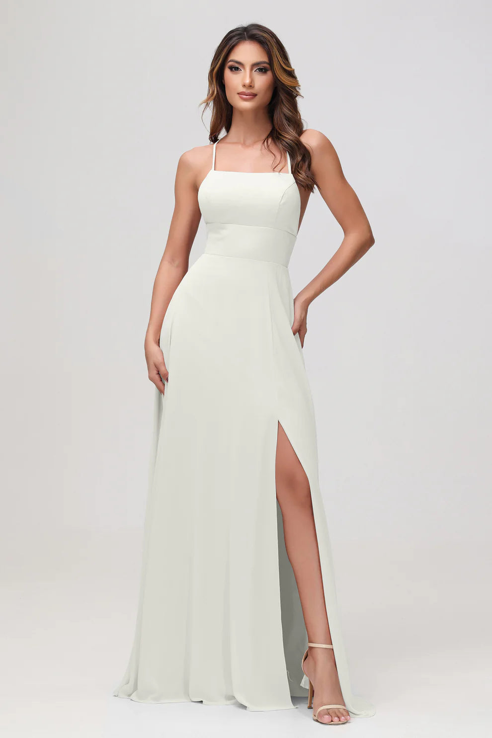 Charming A-Line Square Neck Sleeveless Chiffon Floor-Length Slit Bridesmaid Dress
