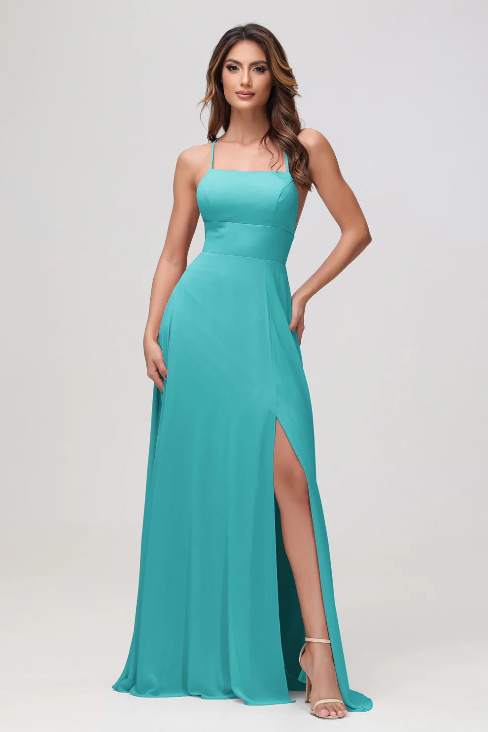 Charming A-Line Square Neck Sleeveless Chiffon Floor-Length Slit Bridesmaid Dress