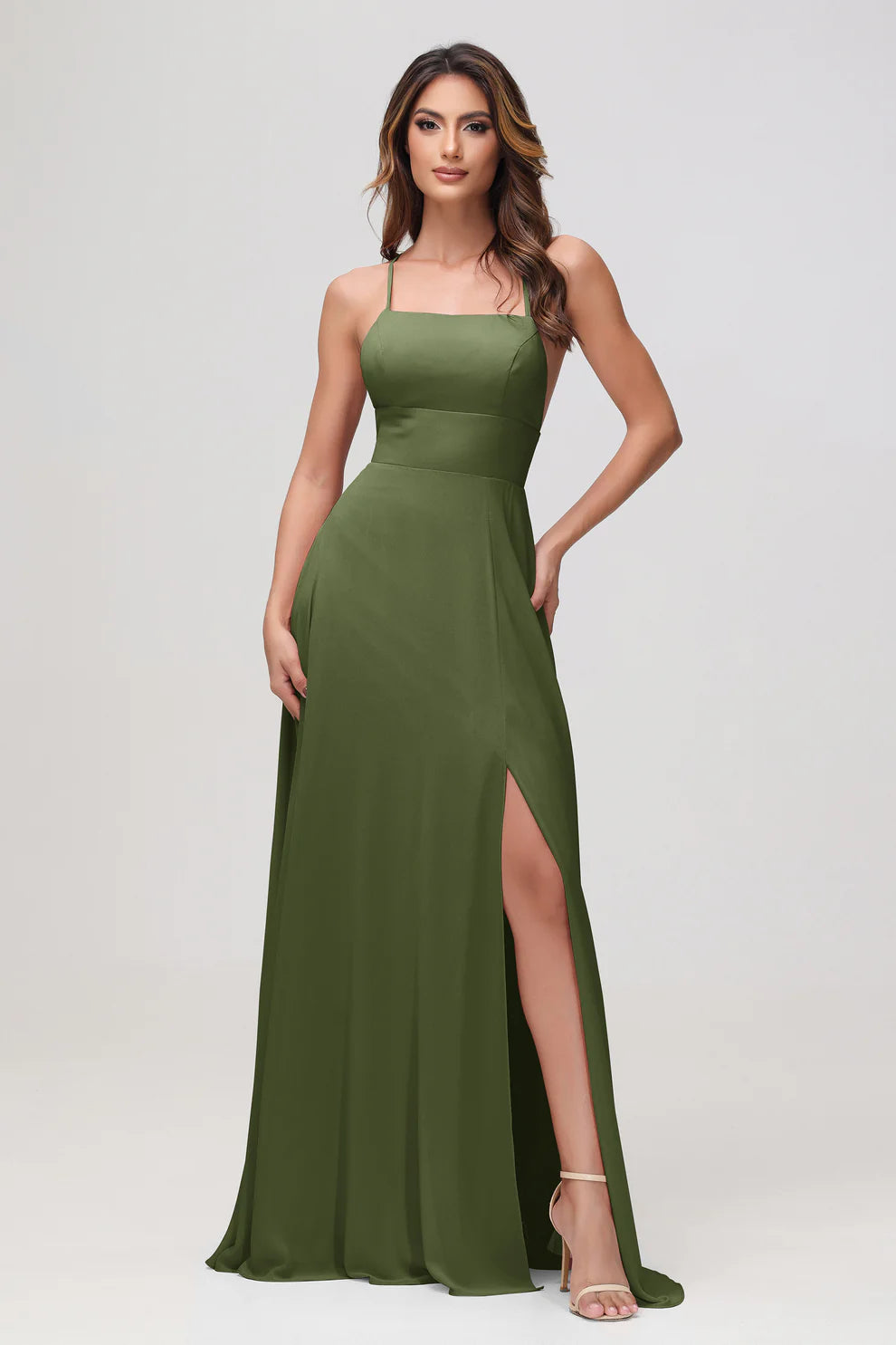 Charming A-Line Square Neck Sleeveless Chiffon Floor-Length Slit Bridesmaid Dress