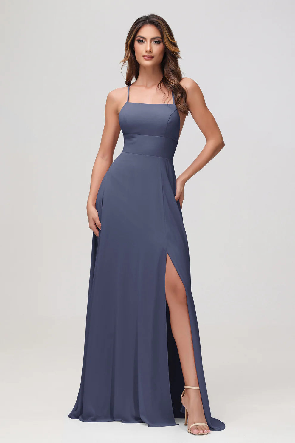 Charming A-Line Square Neck Sleeveless Chiffon Floor-Length Slit Bridesmaid Dress