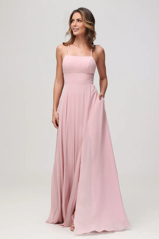 Charming A-Line Square Neck Sleeveless Chiffon Floor-Length Slit Bridesmaid Dress