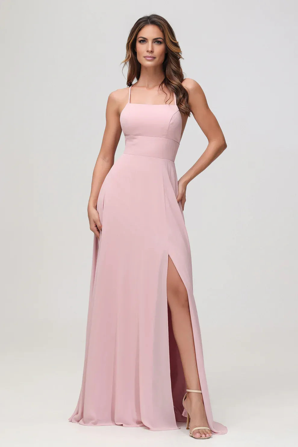 Charming A-Line Square Neck Sleeveless Chiffon Floor-Length Slit Bridesmaid Dress