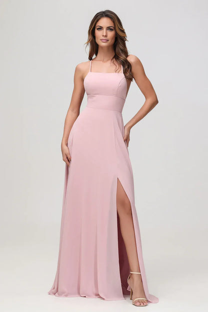 Charming A-Line Square Neck Sleeveless Chiffon Floor-Length Slit Bridesmaid Dress