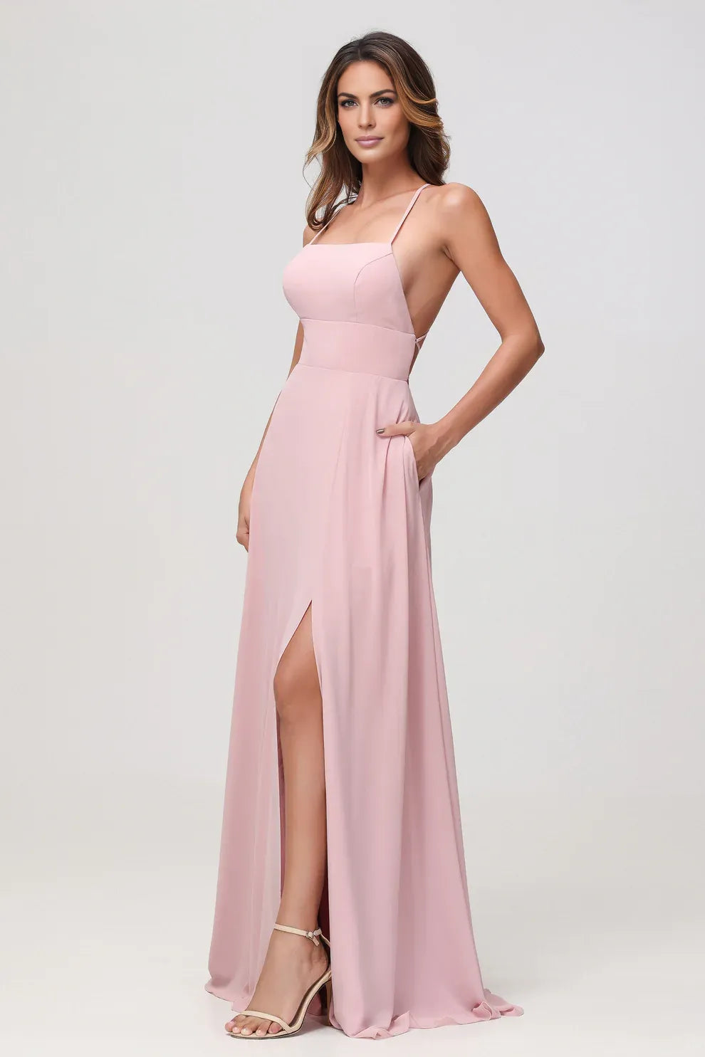 Charming A-Line Square Neck Sleeveless Chiffon Floor-Length Slit Bridesmaid Dress