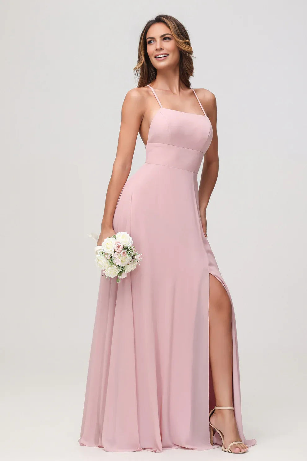 Charming A-Line Square Neck Sleeveless Chiffon Floor-Length Slit Bridesmaid Dress