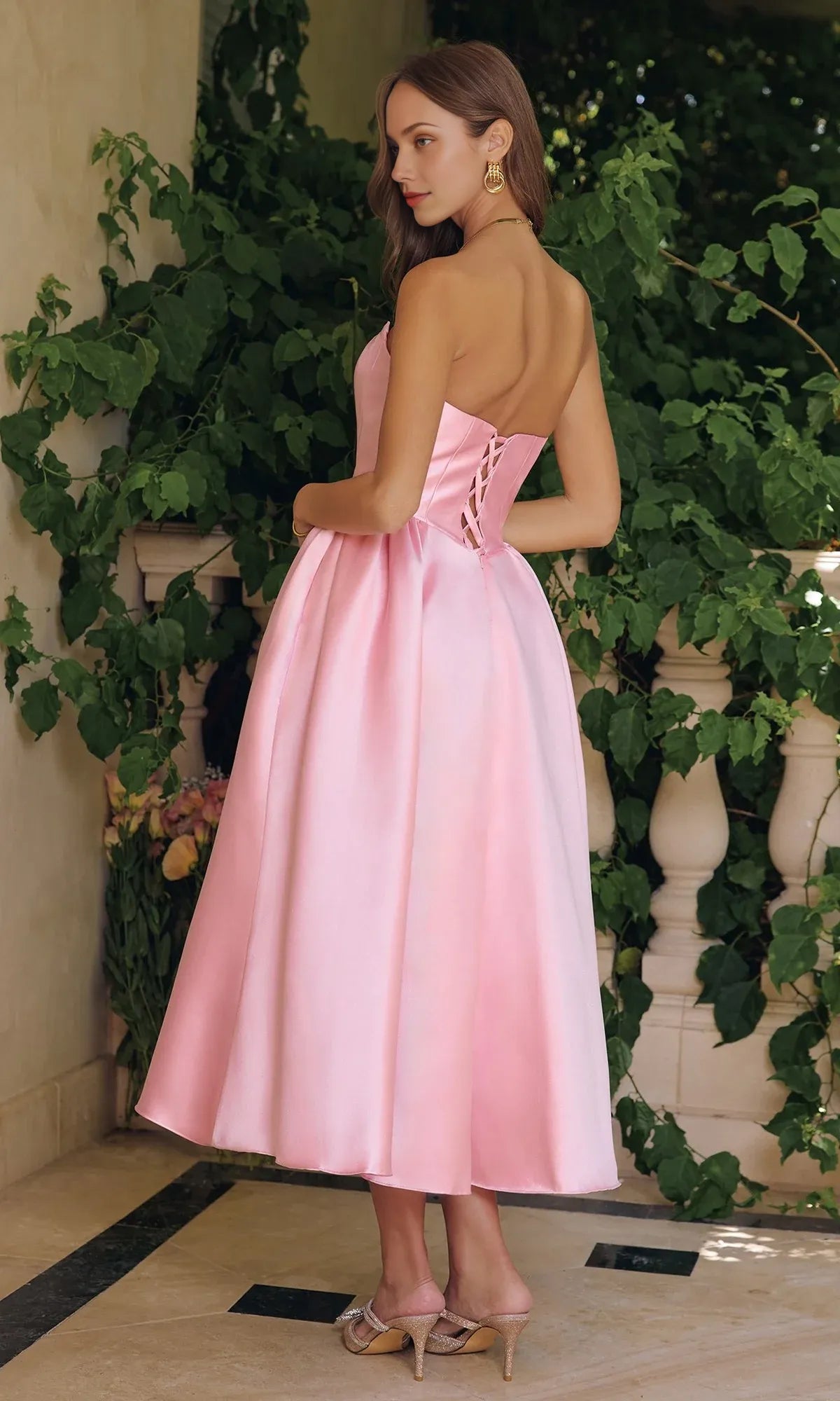 Charming A-Line Sweetheart Strapless Satin Tea-Length Corset Lace-up Party Dress