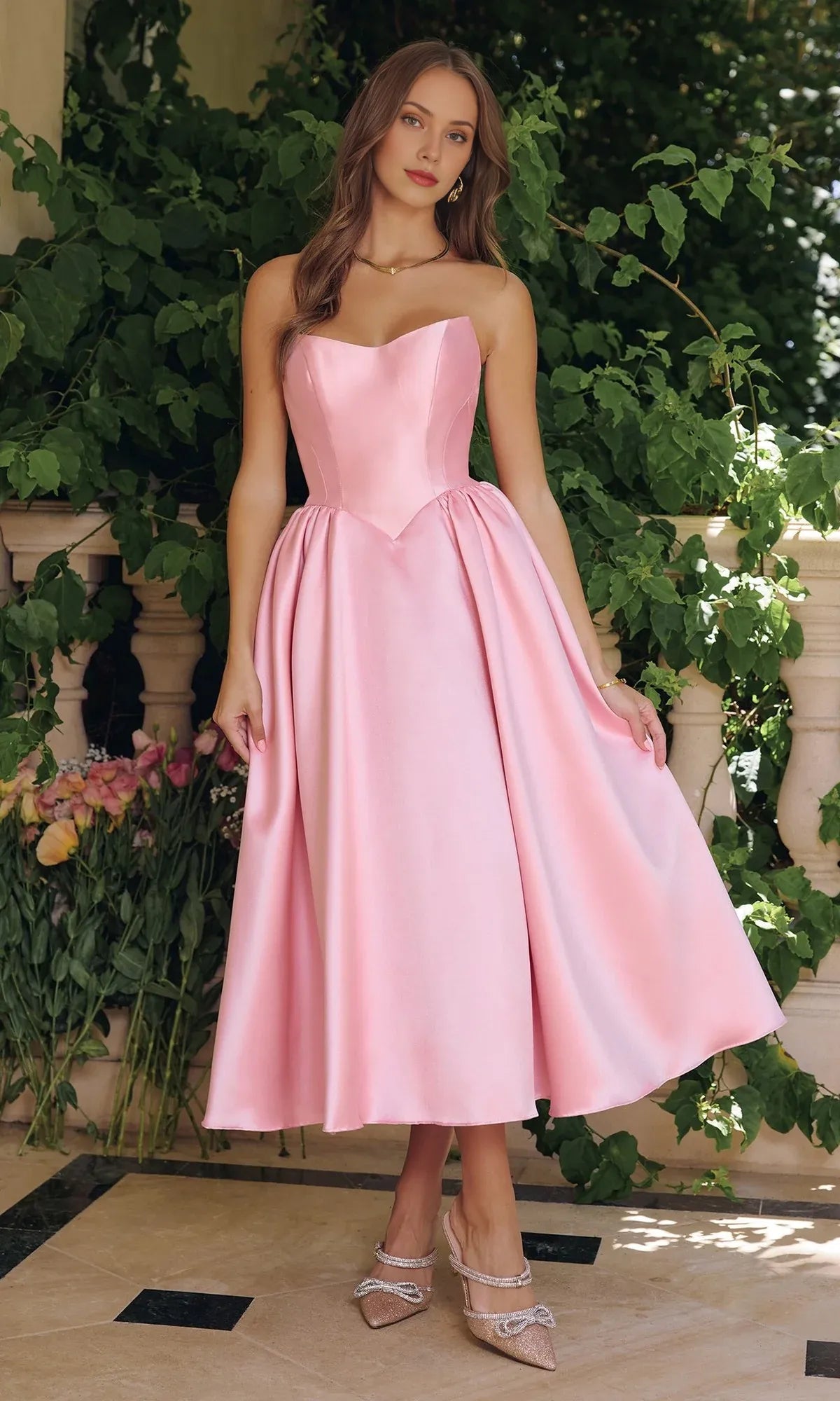 Charming A-Line Sweetheart Strapless Satin Tea-Length Corset Lace-up Party Dress