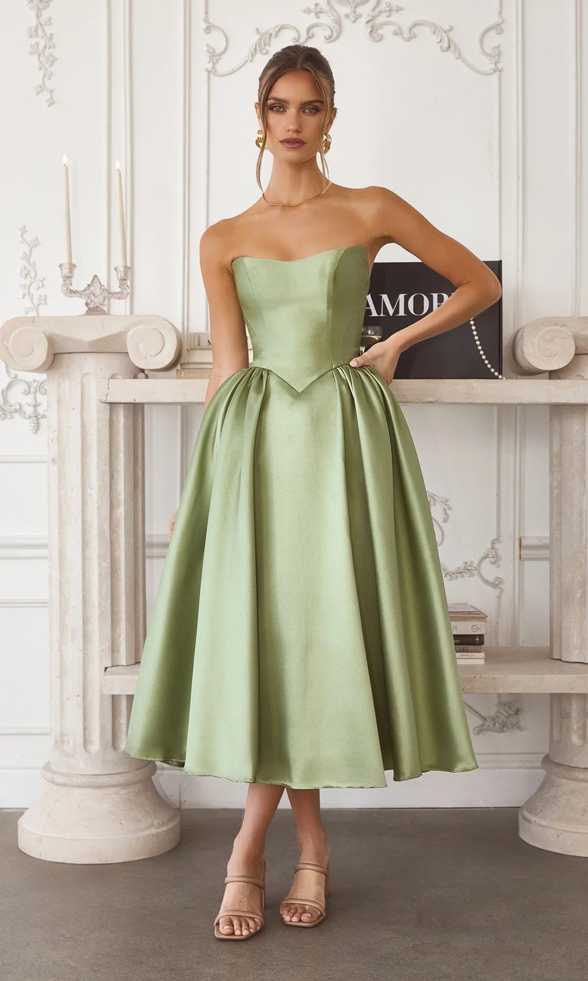 Charming A-Line Sweetheart Strapless Satin Tea-Length Corset Lace-up Party Dress