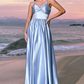 Charming A-Line V-Neck Sleeveless Satin Floor-Length Bow-Back Evening Dress