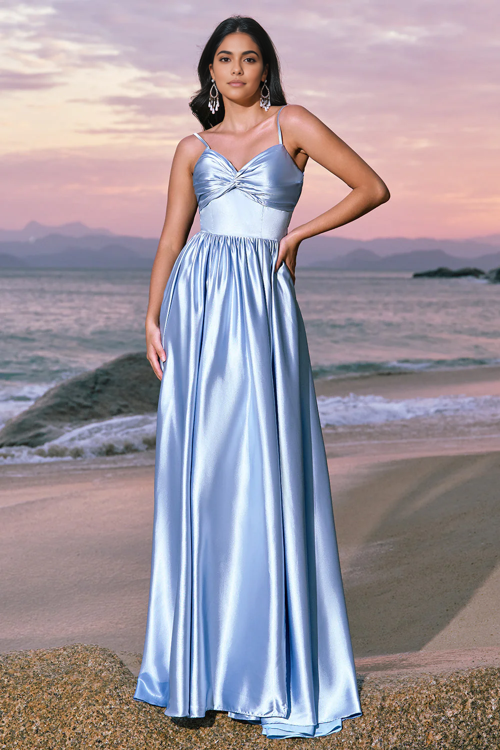 Charming A-Line V-Neck Sleeveless Satin Floor-Length Bow-Back Evening Dress