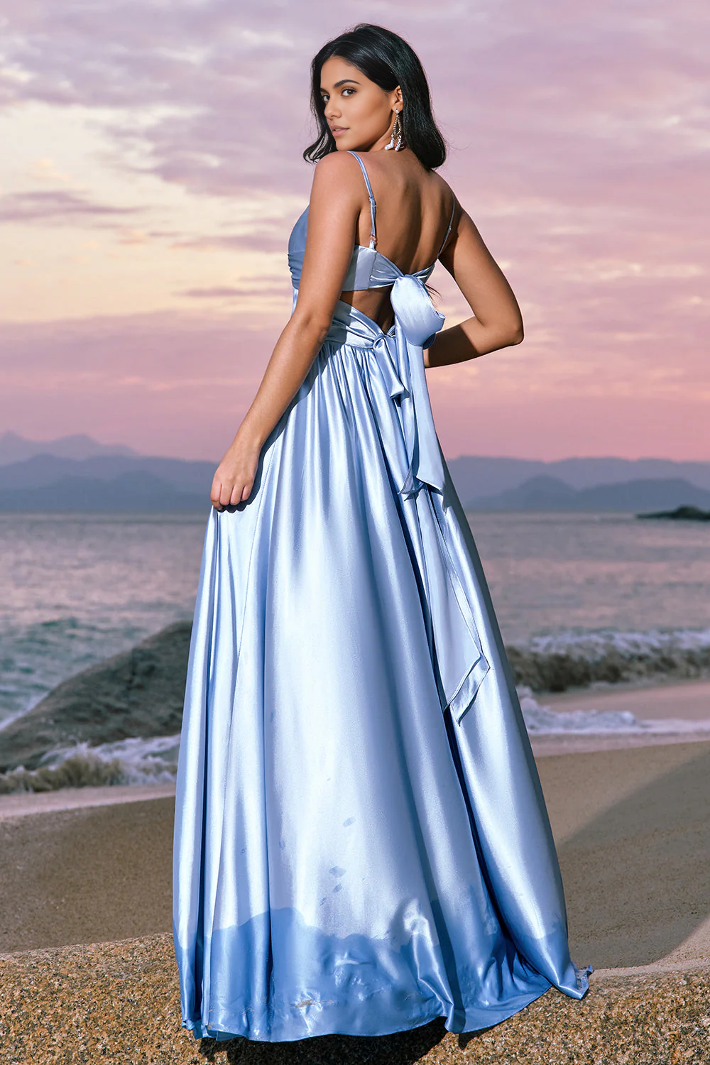 Charming A-Line V-Neck Sleeveless Satin Floor-Length Bow-Back Evening Dress