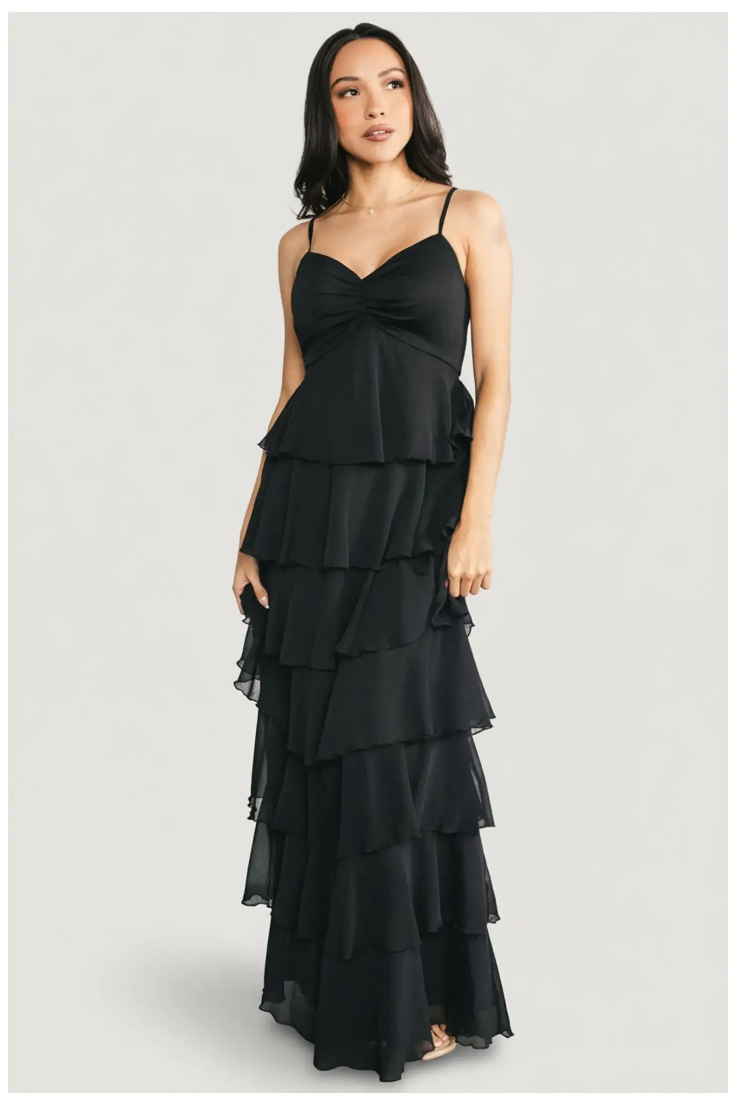 Chiffon Tiered Maxi Sweetheart Thin Strap Smocked Back Wedding Guest Dress