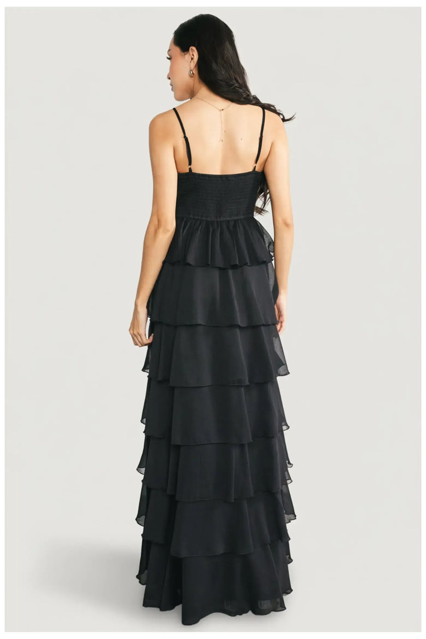 Chiffon Tiered Maxi Sweetheart Thin Strap Smocked Back Wedding Guest Dress