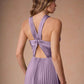 Elegant A-Line Halter Sleeveless Satin Floor-Length Pleated Cutout-Back Wedding Guest Dress