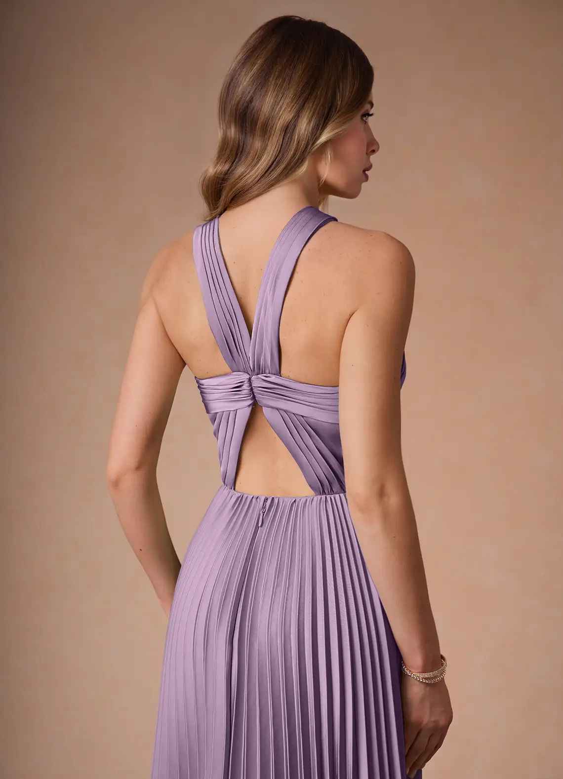 Elegant A-Line Halter Sleeveless Satin Floor-Length Pleated Cutout-Back Wedding Guest Dress