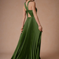 Elegant A-Line Halter Sleeveless Satin Floor-Length Pleated Cutout-Back Wedding Guest Dress