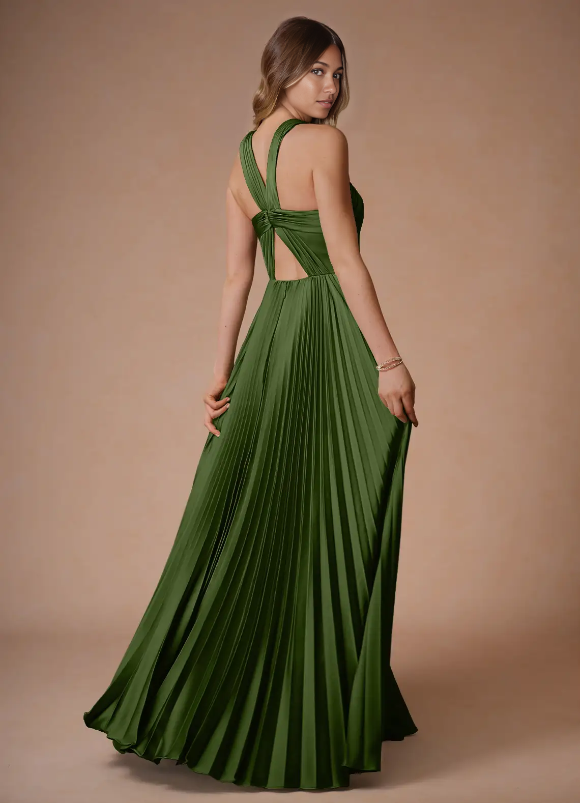 Elegant A-Line Halter Sleeveless Satin Floor-Length Pleated Cutout-Back Wedding Guest Dress
