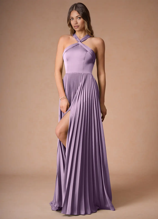 Elegant A-Line Halter Sleeveless Satin Floor-Length Pleated Cutout-Back Wedding Guest Dress