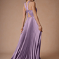 Elegant A-Line Halter Sleeveless Satin Floor-Length Pleated Cutout-Back Wedding Guest Dress