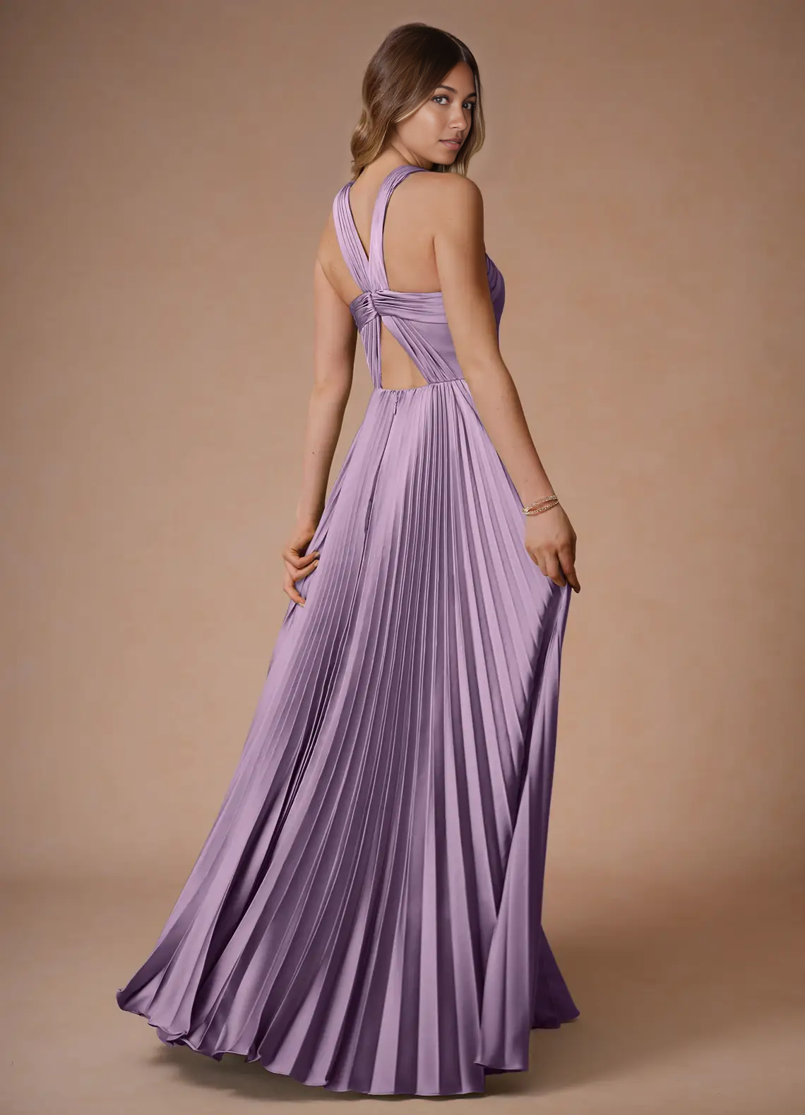Elegant A-Line Halter Sleeveless Satin Floor-Length Pleated Cutout-Back Wedding Guest Dress