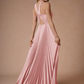 Elegant A-Line Halter Sleeveless Satin Floor-Length Pleated Cutout-Back Wedding Guest Dress