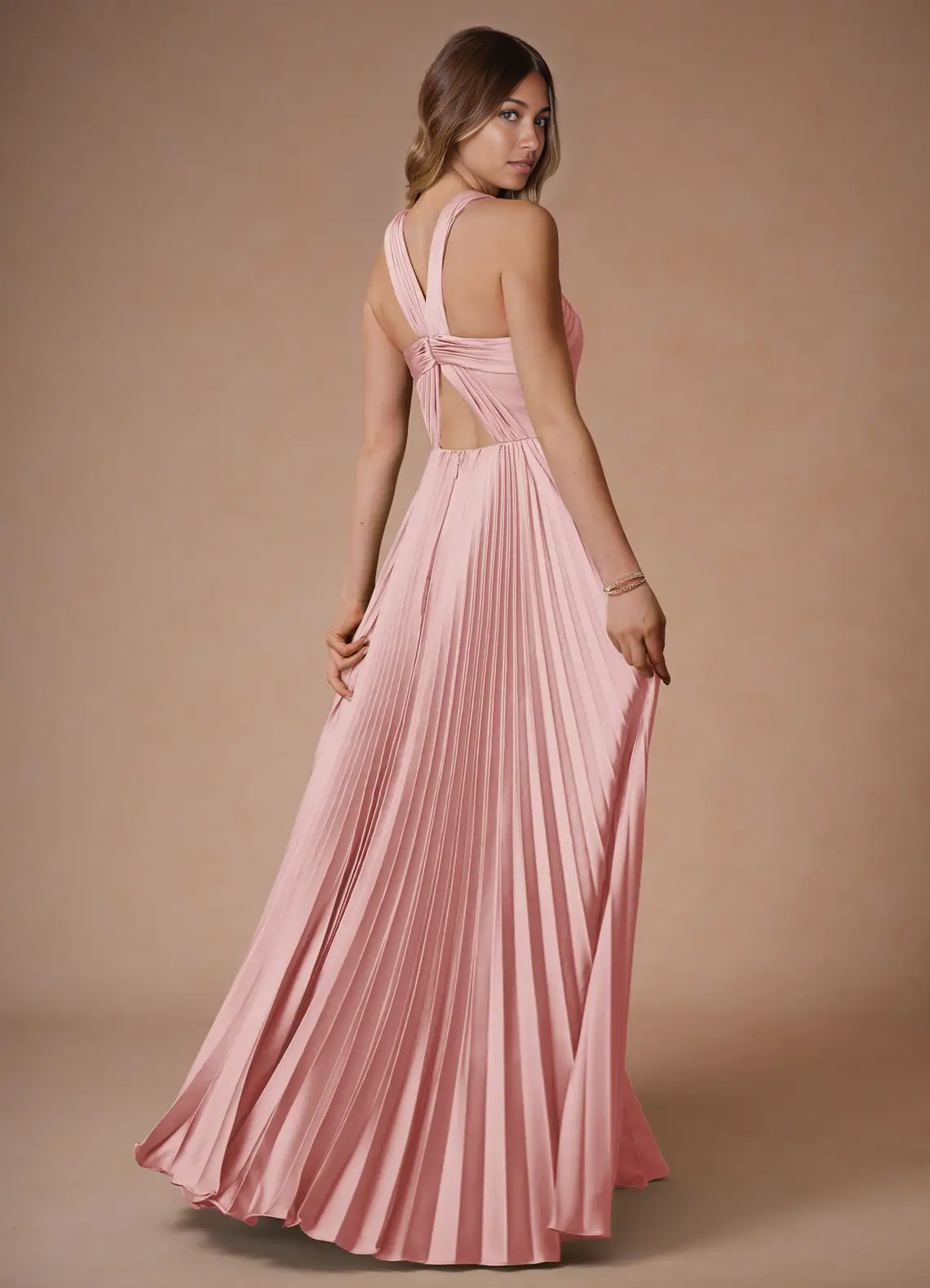 Elegant A-Line Halter Sleeveless Satin Floor-Length Pleated Cutout-Back Wedding Guest Dress