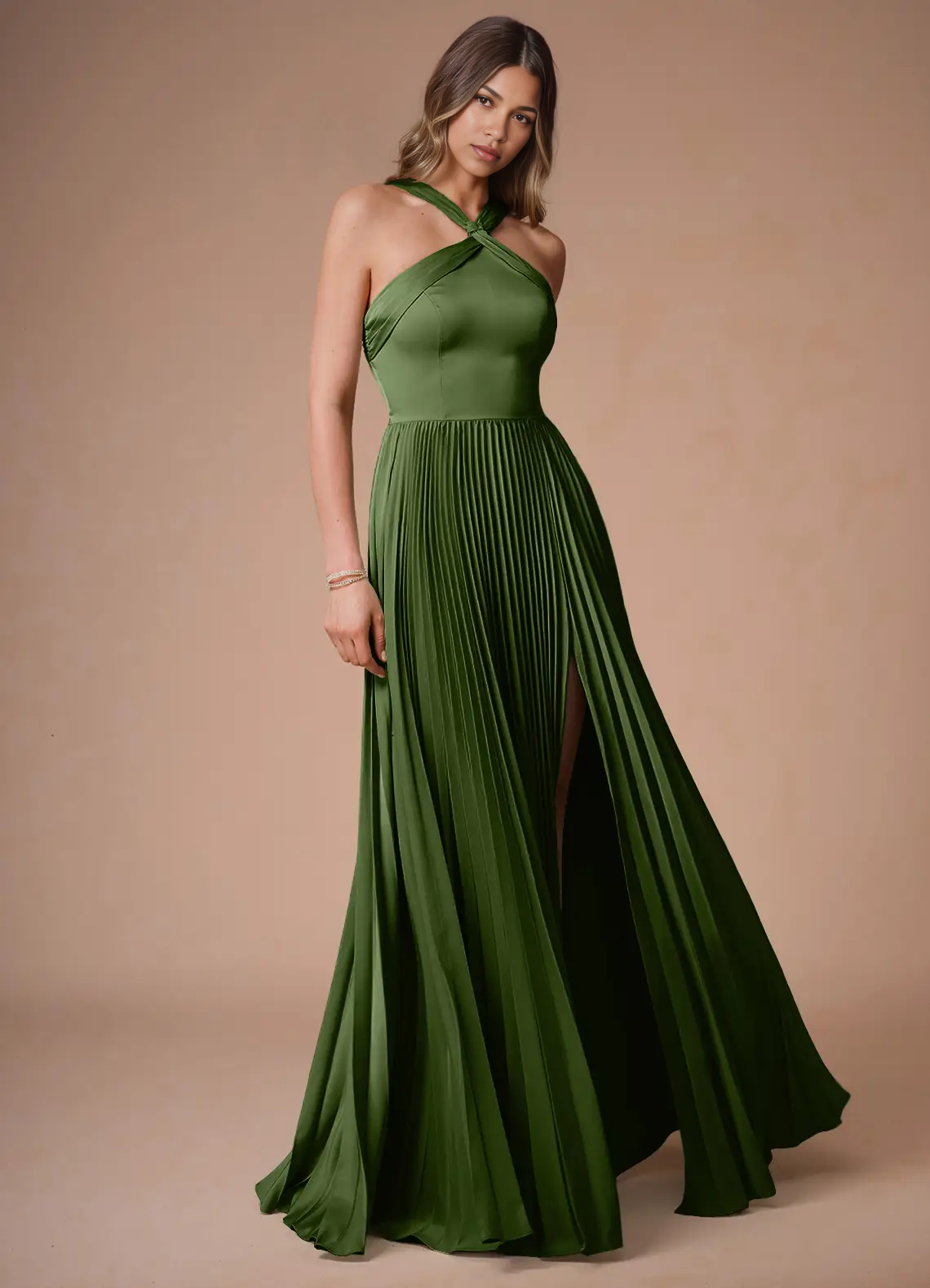 Elegant A-Line Halter Sleeveless Satin Floor-Length Pleated Cutout-Back Wedding Guest Dress