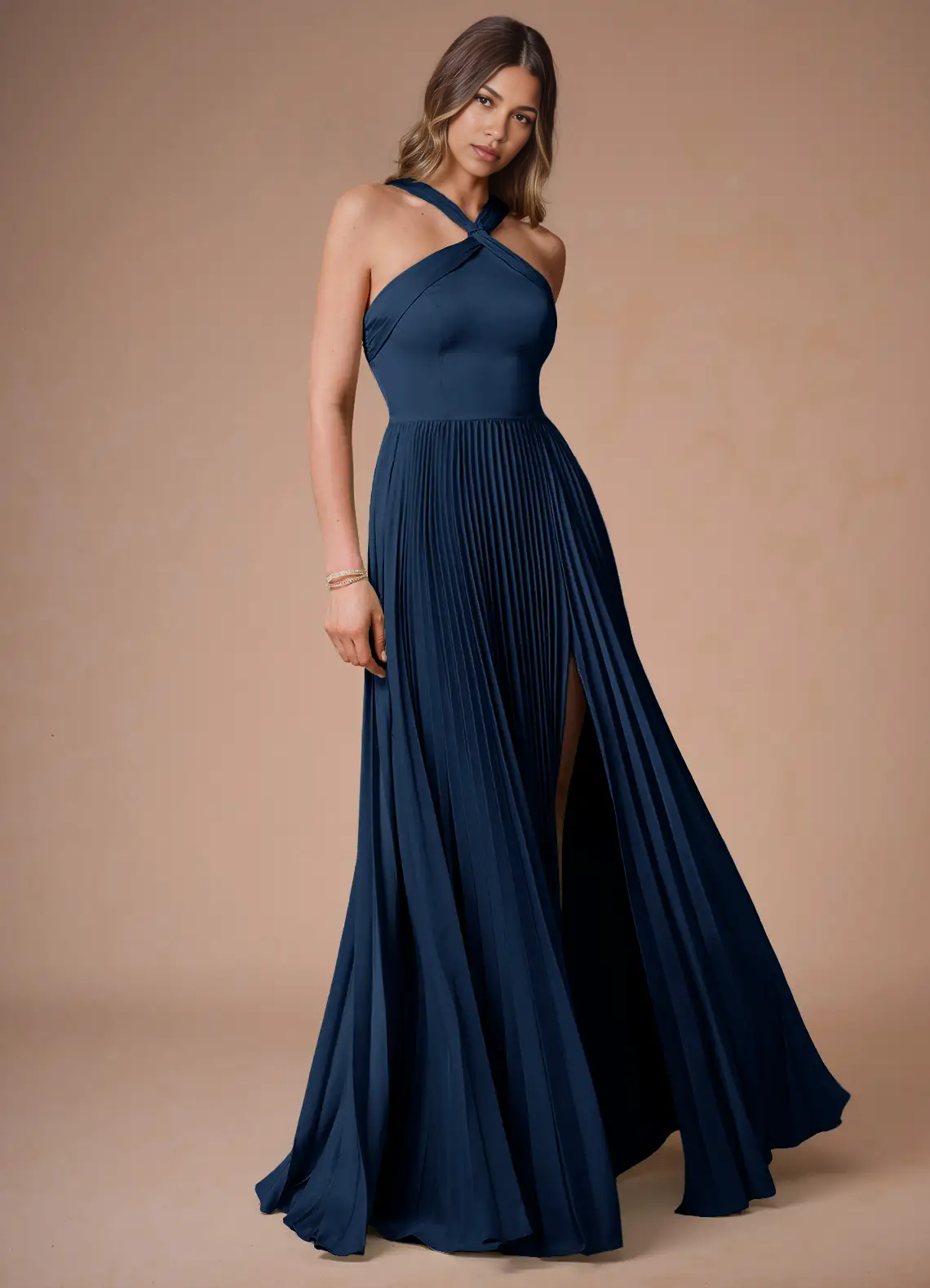 Elegant A-Line Halter Sleeveless Satin Floor-Length Pleated Cutout-Back Wedding Guest Dress