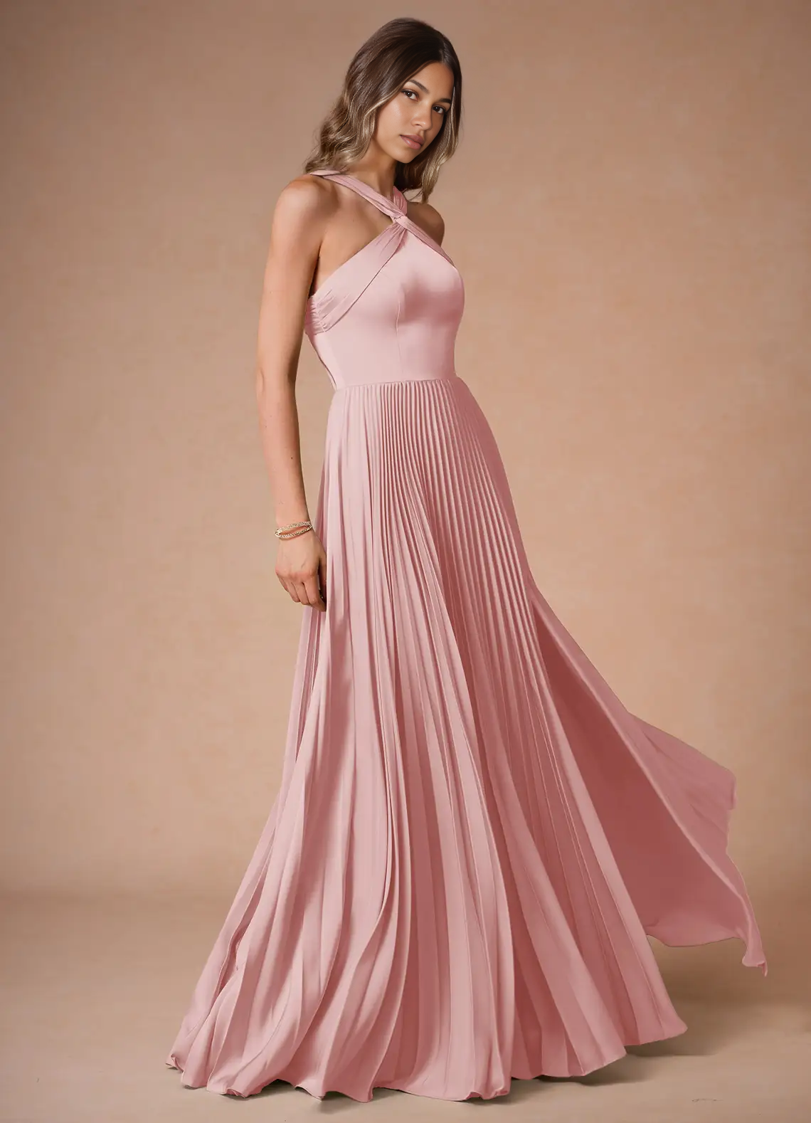 Elegant A-Line Halter Sleeveless Satin Floor-Length Pleated Cutout-Back Wedding Guest Dress