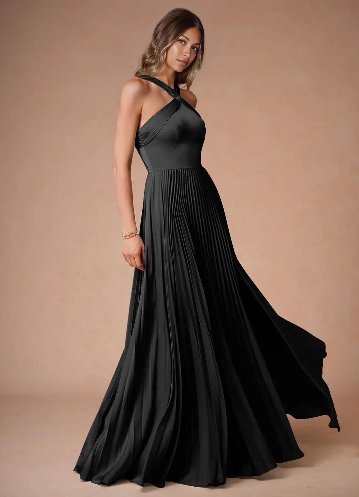 Elegant A-Line Halter Sleeveless Satin Floor-Length Pleated Cutout-Back Wedding Guest Dress