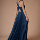 Elegant A-Line Halter Sleeveless Satin Floor-Length Pleated Cutout-Back Wedding Guest Dress