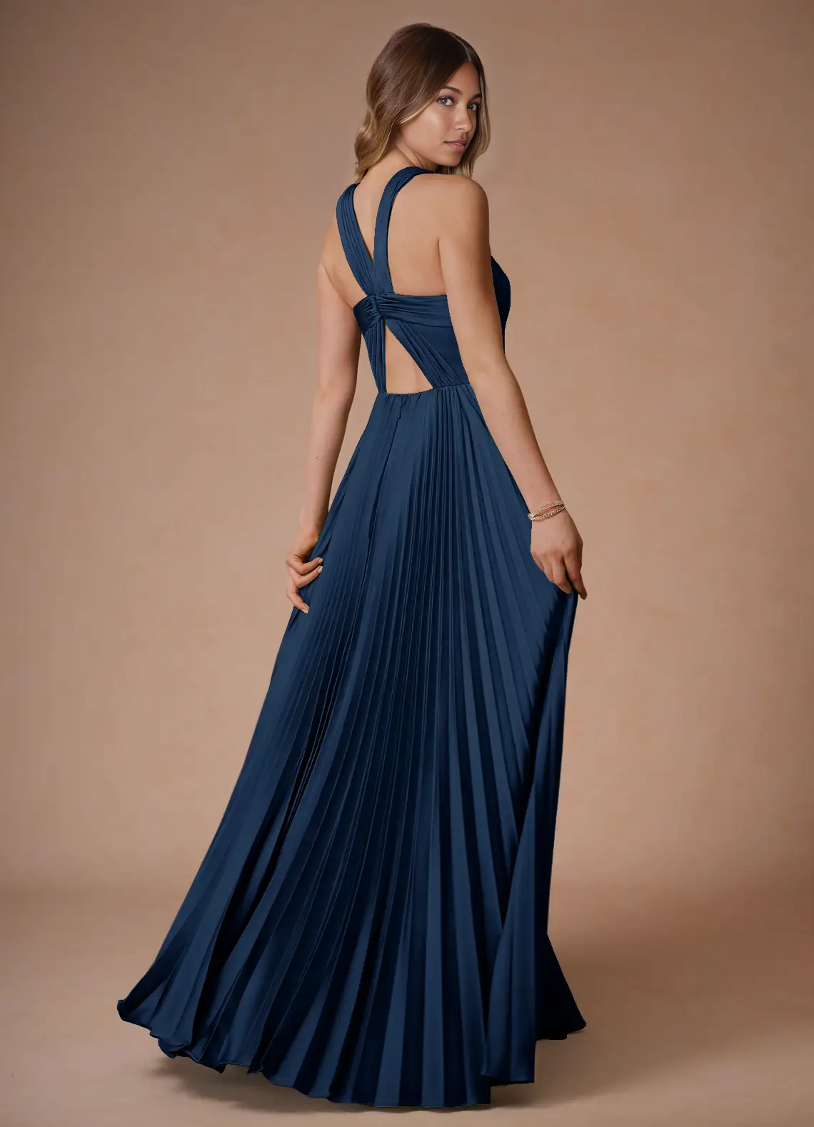 Elegant A-Line Halter Sleeveless Satin Floor-Length Pleated Cutout-Back Wedding Guest Dress