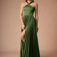 Elegant A-Line Halter Sleeveless Satin Floor-Length Pleated Cutout-Back Wedding Guest Dress