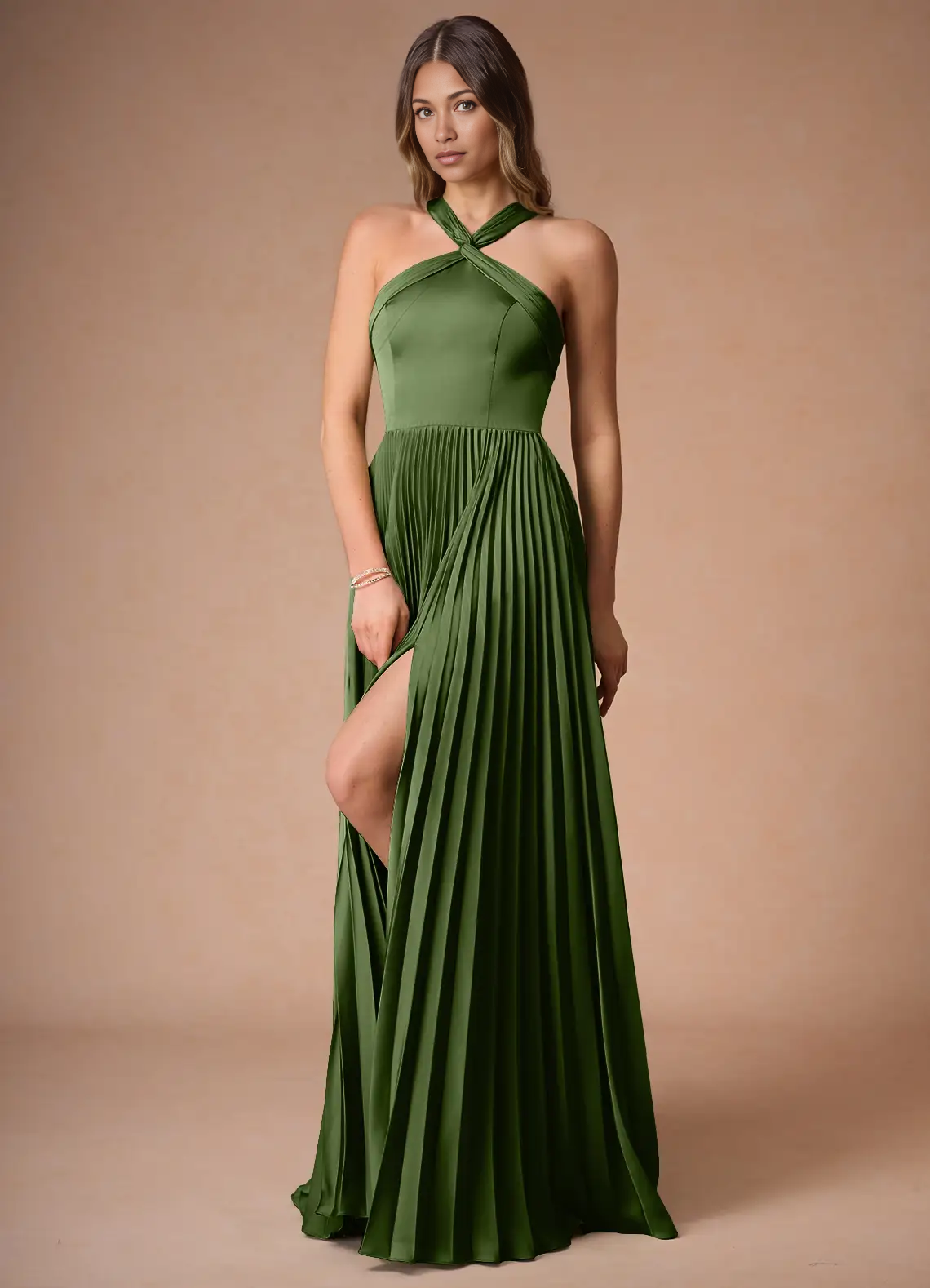 Elegant A-Line Halter Sleeveless Satin Floor-Length Pleated Cutout-Back Wedding Guest Dress