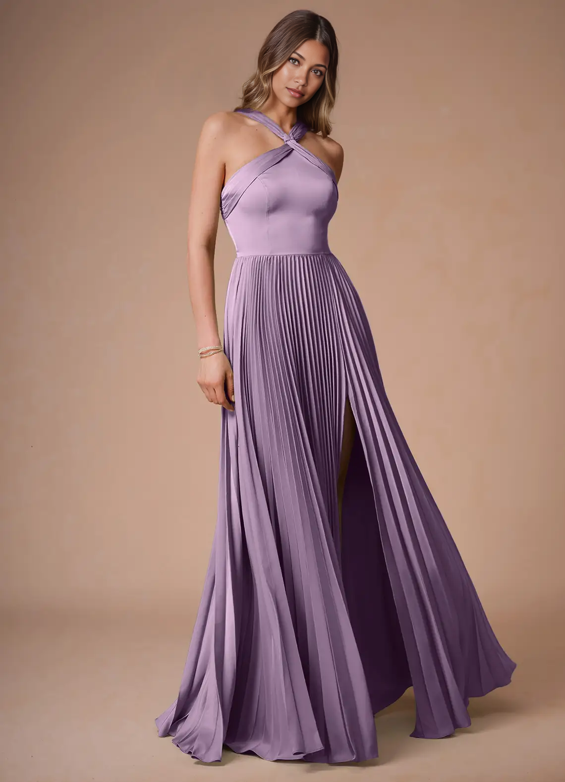Elegant A-Line Halter Sleeveless Satin Floor-Length Pleated Cutout-Back Wedding Guest Dress