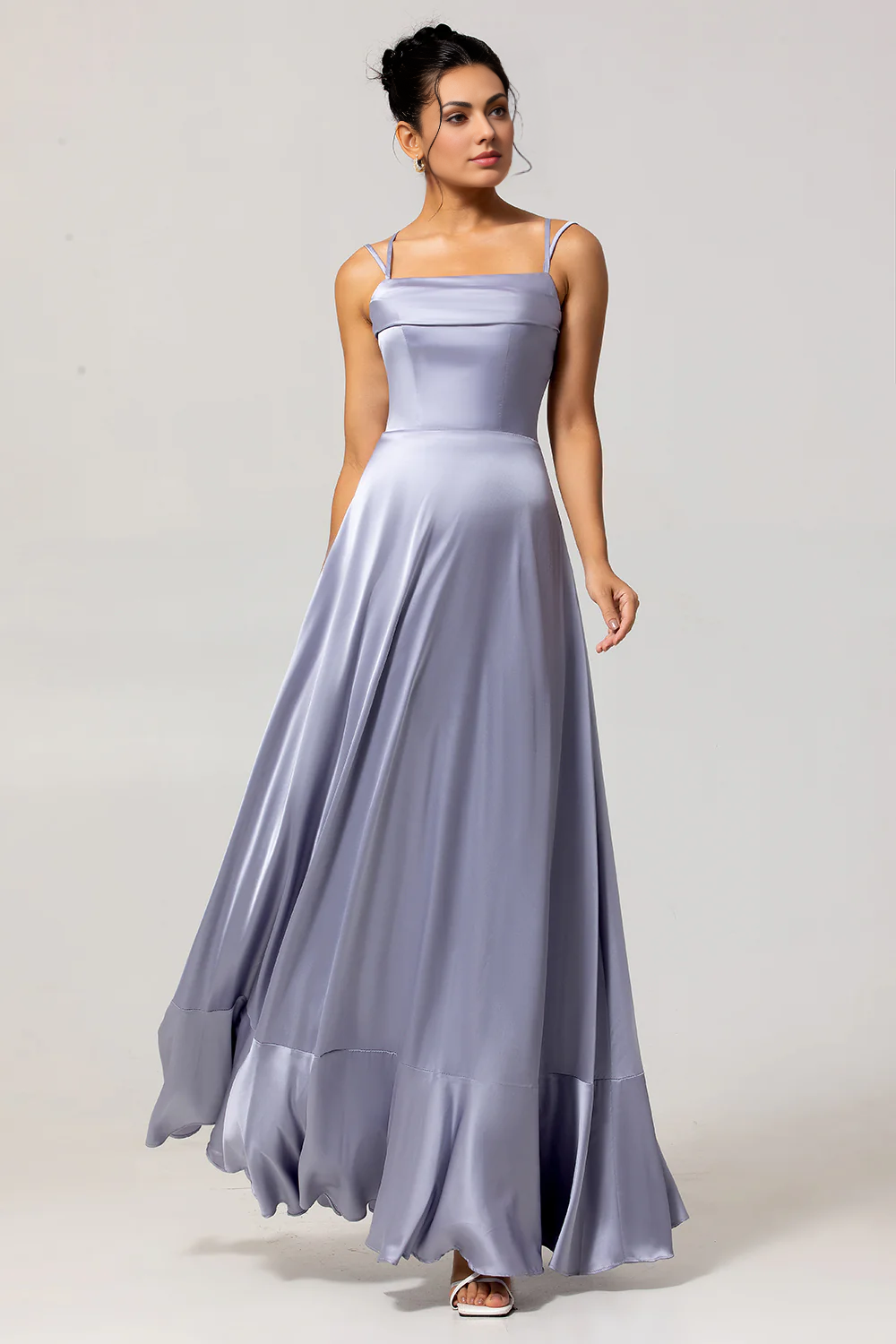 Elegant A-Line Square-Neck Sleeveless Satin Floor-Length Lace-Up Back Ruffle-Hem Bridesmaid Dress