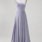 Elegant A-Line Square-Neck Sleeveless Satin Floor-Length Lace-Up Back Ruffle-Hem Bridesmaid Dress