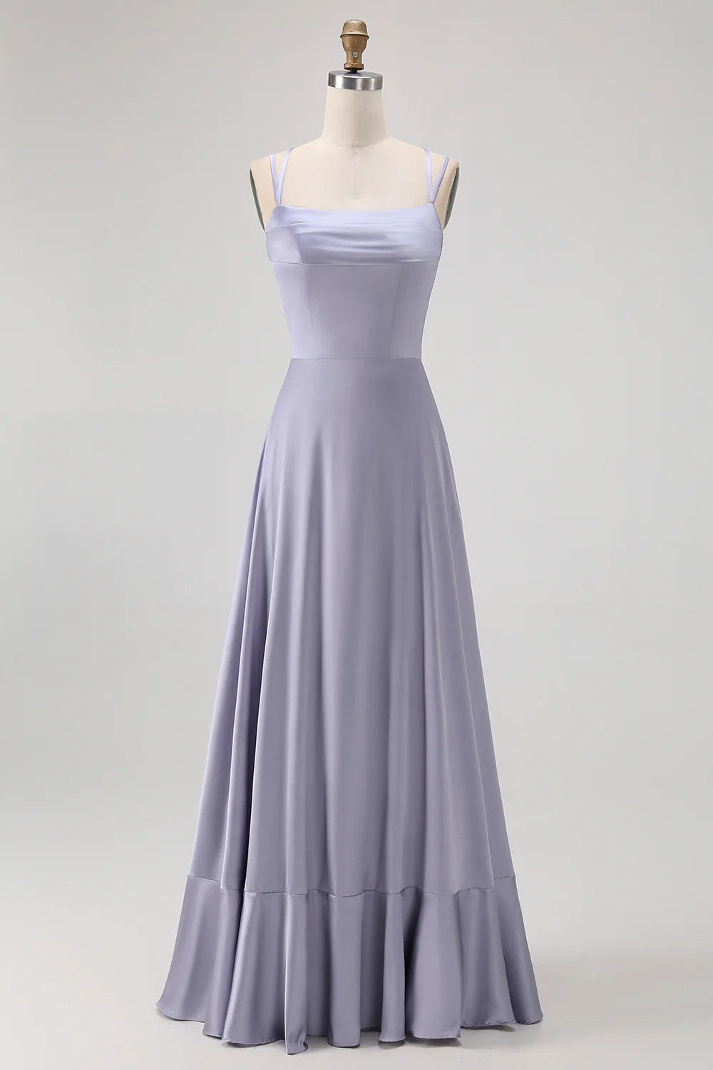 Elegant A-Line Square-Neck Sleeveless Satin Floor-Length Lace-Up Back Ruffle-Hem Bridesmaid Dress