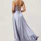 Elegant A-Line Square-Neck Sleeveless Satin Floor-Length Lace-Up Back Ruffle-Hem Bridesmaid Dress